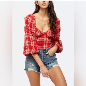 Free People Red Plaid Sweetheart Puff-Sleeve Top